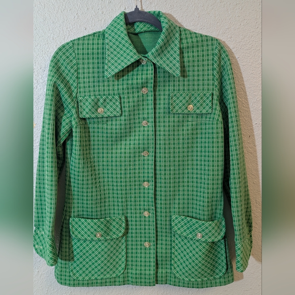 Vintage 1970's Kelly Green Checkered Dagger Collar Shacket Chore Jacket
